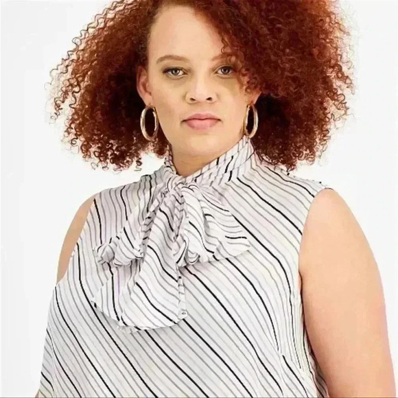 Bar III Bias Striped Tie-Neck Blouse 1x & 2x - Picture 3 of 3